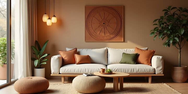 Earthy living room, terracotta, green, beige, grounded, cozy, natural.