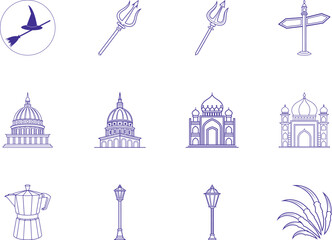 Blue line collection features a witch, trident, buildings, coffee pot, and claws on white