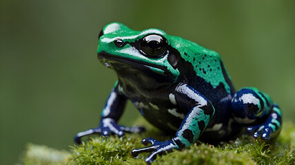 Fototapeta premium Vicenti's Poison Frog closeup with green background 