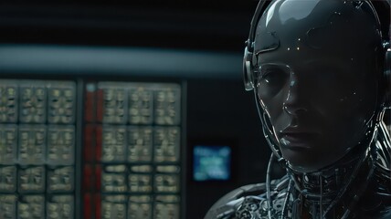 Close up of a humanoid robot with a headset in front of a server rack in a dark environment