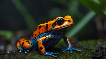 Fototapeta premium Vicenti's Poison Frog closeup with green background 
