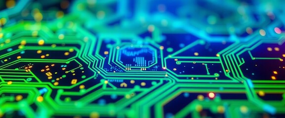 Fototapeta premium Abstract glowing blue and green circuit board texture, futuristic tech background, motherboard, illustration