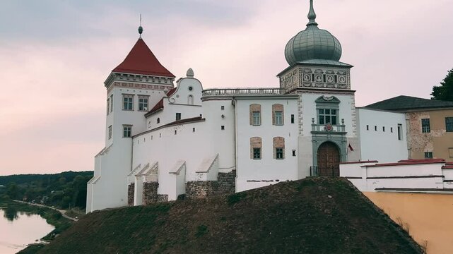 View of the Old Castle on a hill above the Neman River in Grodno. Fortress walls, churches, and a palace. A complex of defensive, religious, and secular structures. Belarus. 4К