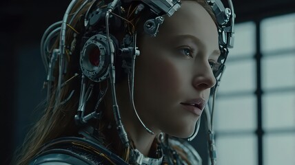 Close up of a woman with a complex headset and wires looking to the side in a futuristic setting