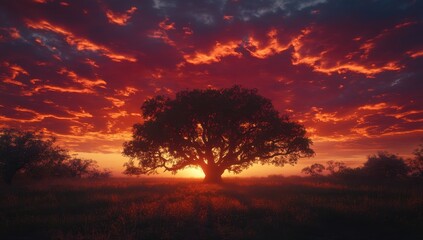 Silhouetted tree at fiery sunset over a meadow