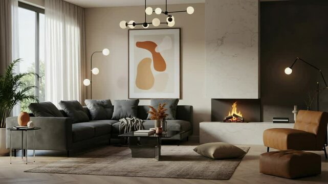 Elegant Modern Living Room with Cozy Sofa, Minimalist Decor, and Warm Fireplace in Contemporary Home Design