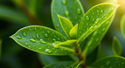Fresh green leaves covered in glistening water droplets after a rain shower, illuminated by soft sunlight. Nature's beauty and refreshing purity