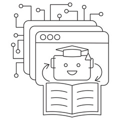 Icon of AI learning system with chatbot character in graduation cap, open book, and layered screens. Vector clipart with thin black lines on a transparent background, editable line thickness