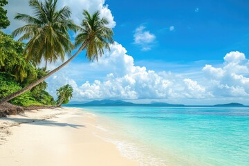Obraz premium Idyllic tropical beach scene with palm trees and turquoise water