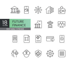 Editable stroke set of future finance icons including AI banking crypto wallet Web3 investment NFT trading DeFi DAO smart contracts and cybersecurity tools for fintech dashboards