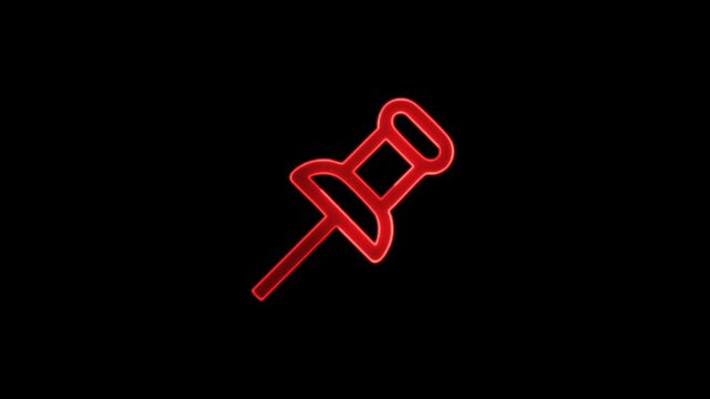 Red Neon Push Pin Icon Animation on Black Background