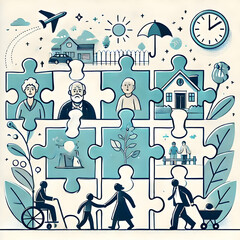 An illustration of a puzzle where each piece represents a different life stage, fitting together to complete a life story, designed in a flat minimalist style with a white background.