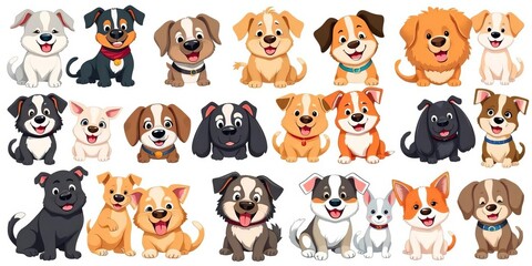 Fototapeta premium A playful collection of diverse cartoon dog breeds in a flat style, set against a clean white background, funny, isolated