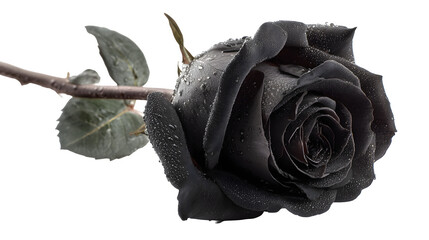 A single black rose with gentle dew drops, symbolizing silent grief and strength, isolated on Transparent Background
