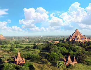 Aerial view on temples in the Archaeological Zone, Bagan, Myanmar. Top view on ancient stupas in...