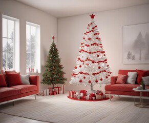 Modern white & red minimalist Christmas tree in contemporary living room , modern, contemporary living room, christmas tree