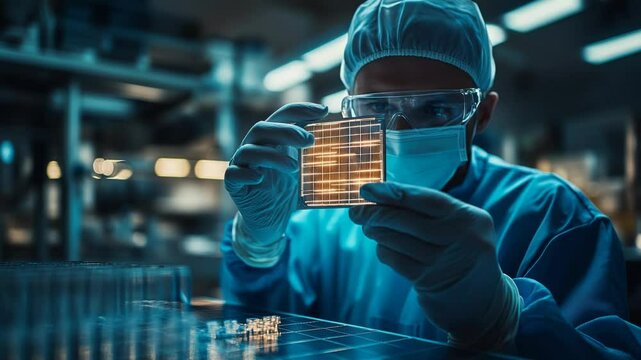 Technician inspecting a solar cell in a cleanroom