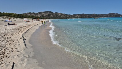 white sand, a few rocks and crystal clear water at the beach of plage de saleccia in corsica