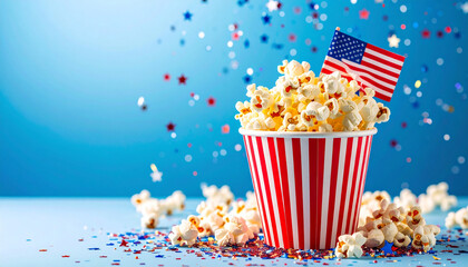 usa independence day popcorn with flag on blue background with confetti and streamers
