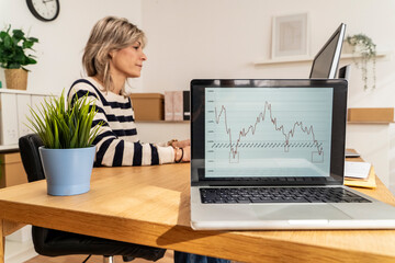Businesswoman analyzing data on a laptop in an office workspace