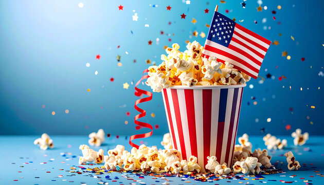 usa independence day popcorn with flag on blue background with confetti and streamers - Powered by Adobe