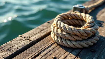 Fototapeta premium A coiled nautical rope resting on aged wooden planks beside tranquil water