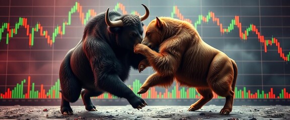 A bull and bear grapple fiercely against a volatile stock market graph backdrop, bull, wealth