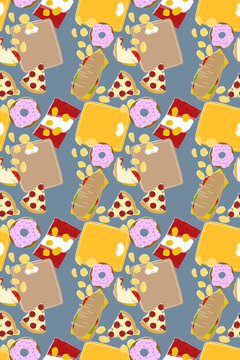 Colorful fast food pattern illustration with pizza, donuts, and fries