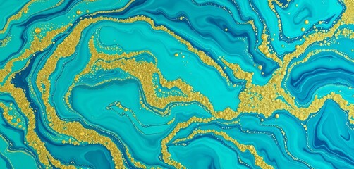 Fototapeta premium Elegant teal and blue liquid swirls with gold glitter, marbled effect, stylish, painted