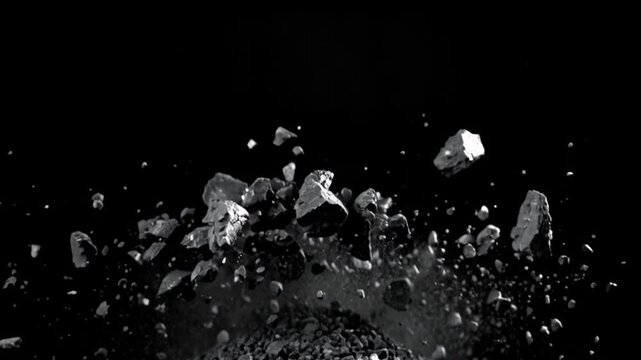 Dark stones or coal pieces falling in slow motion on black background. Dramatic monochrome shot with floating debris and gritty texture.