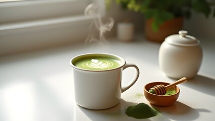 Obraz premium Steaming Matcha Latte Art in White Mug, Green Tea Powder, Honey