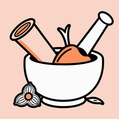 Stylized Mortar And Pestle With Herbal Ingredients Creates A Botanical Organic Fresh Theme
