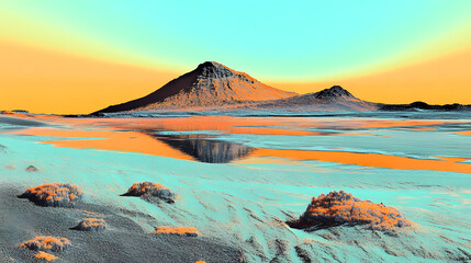 Sunset over calm water island