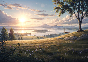 breathtaking landscape with river and mountains in the distance with tree swing . Generative AI