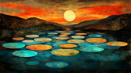 Sunset water reflection abstract painting