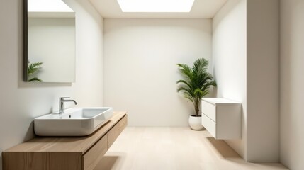 Serene Minimalist Bathroom Design Featuring a Sleek Vessel Sink and Light Wood Vanity