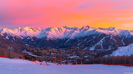 Snowy mountain range at sunrise