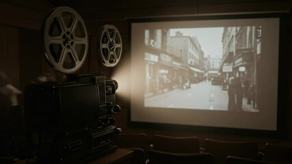 Classic Film Projection in a Vintage Theater: An Enchanting Scene Featuring a Film Reel Projector and Black-and-White Silent Film Clips Displayed on the Screen