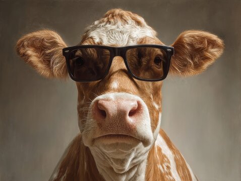 Close-up portrait of a brown and white cow wearing black glasses, studio shot, humorous, animal theme, eye contact, funny - Powered by Adobe