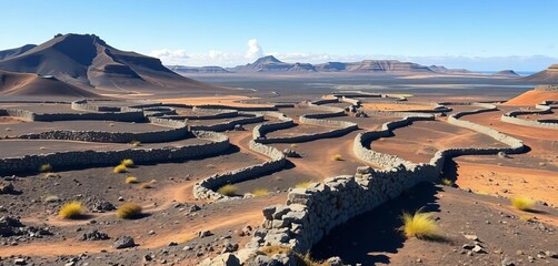 Dry stone walls carve a patchwork of volcanic farmland across Lanzarote's arid landscape,  volcano, field