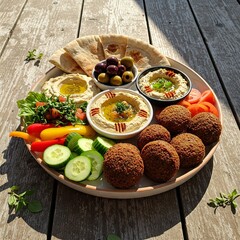 Lebanese Meze Platter with Hummus, Falafel, and Pita

