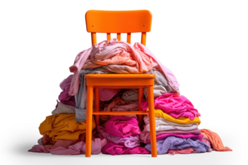 A vibrant orange chair is stacked high with a disorganized pile of assorted pink and gray clothing, creating a cheerful yet chaotic atmosphere