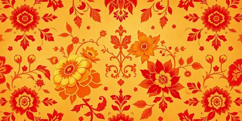 Distressed red & gold floral wallpaper; classic ornate design, intricate patterns, rich, classic