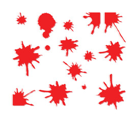 Red Paint Splatter Set, Isolated Vector Ink Blots, Various Shapes and Sizes