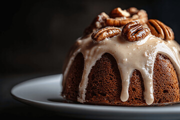 Close-Up of Homemade Sponge Coffee Cake with Frosting and Pecans on White Plate Against Dark Background with Copy Space