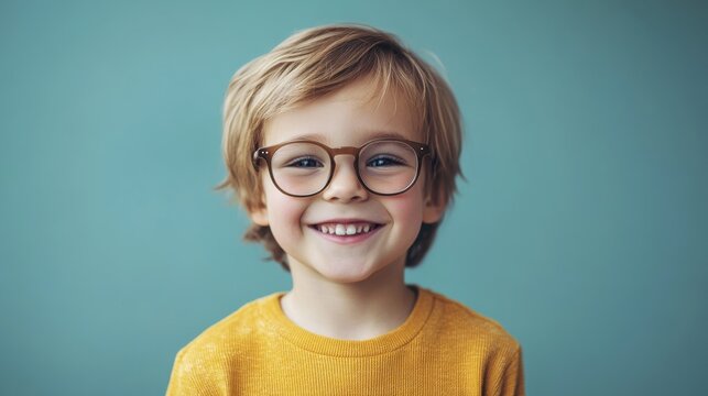Portrait of a Happy Young Boy Wearing Glasses Smiling Against Blue Background Studio Shot Eye Level View