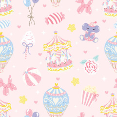 Pastel Carnival Seamless Pattern, Cute Carousel and Circus Animal, Kawaii Hot Air Balloon, Pink Popcorn, Baby Shower Digital Paper