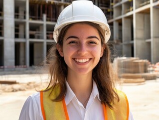 Smiling young woman construction worker portrait on site; wearing hard hat and safety vest; eye level view; outdoor location