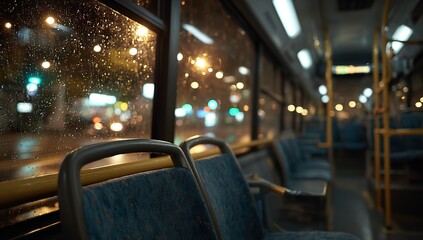 Fototapeta premium Empty Bus Interior with Yellow Handrails and City Lights Outside at Night