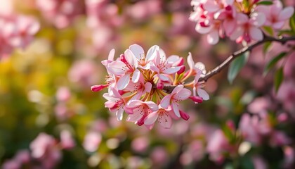 Fototapeta premium Delicate pink blossoms, soft focus, garden backdrop, ample copy space, pastel, pink flowers